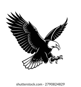 Detailed black and white vector of an eagle about to land with talons extended, representing freedom, power, and American patriotism for logos and apparel.
