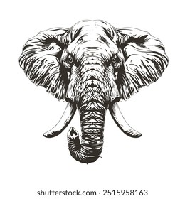 Detallado Vector blanco y negro de cabeza de elefante aislado. Perfecto para estampados, prendas y emblemas. Estilo grunge de alto contraste. El gráfico de animales feroces captura el poder y el peligro crudos.