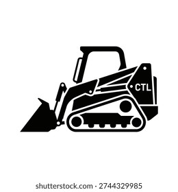 Detailed black and white vector graphic of a skid-steer loader with 'CTL' label, suitable for construction and heavy machinery themes.