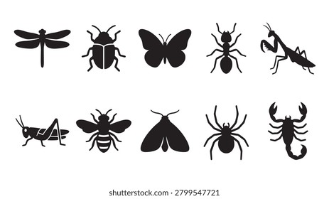 Detailed black and white vector graphic illustration featuring a diverse collection of ten distinct insect and arachnid silhouettes including a dragonfly beetle butterfly ant mantis grasshopper bee moth spider and scorpion arranged in two rows for educational design projects and nature themed wildlife graphic art and icon sets.