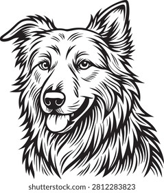 Detailed black and white vector graphic illustration featuring the friendly face of a loyal dog