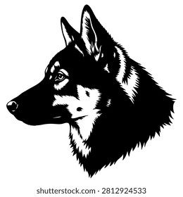 Detailed black and white vector graphic illustration of a majestic husky dog head profile captured in clean style on white background