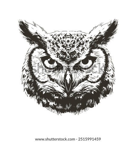 Detailed black and white vector of horned owl head isolated. Perfect for prints, apparel and emblems. High contrast grunge style. Fierce predator graphic captures raw power and danger.