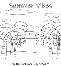 Detailed black and white vector illustration of a tropical beach with palm trees and clouds. Perfect for a summertime coloring activity.