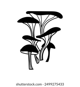 Detailed black and white vector illustration of oyster mushrooms on a white background. Outline sketch design is perfect for culinary, botanical, and nature-themed projects, cover, card, poster