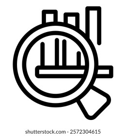 Detailed black and white vector illustration of abstract financial analysis icon with chart. Magnifying glass. Analytics. Data. Finance. Statistics. Graph. Business. Investment. Market. Research