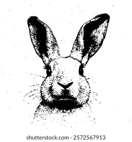 detailed black and white vector illustration of a rabbit's face in sketch style, showcasing intricate textures and artistic cross-hatching for a realistic and timeless look