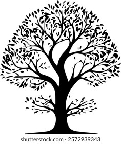 A detailed black and white vector illustration of a tree with bold outlines and intricate branches and roots. Minimalistic yet elegant, this design is perfect for logos, prints, and scalable projects 