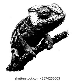 detailed black and white vector illustration of a chameleon perched on a branch, highlighting its textured scales and distinctive features in a realistic style.