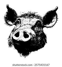 detailed black and white vector illustration of a wild boar’s head, highlighting its rustic charm and rugged features with intricate textures and shading.