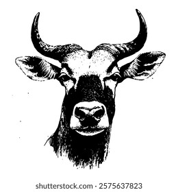 detailed black and white vector illustration of a bull’s head, showcasing its strong horns and rugged features with fine textures and bold design.