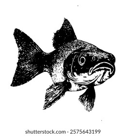 detailed black and white vector illustration of a fish, showcasing its textured scales and dynamic shape for a bold aquatic design.