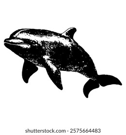 detailed black and white vector illustration of a dolphin in motion, capturing its elegance and playfulness, ideal for ocean-themed art, marine education, or decorative designs.