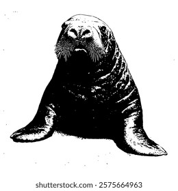 detailed black and white vector illustration of a walrus sitting upright, showcasing its tusks and textured skin, perfect for arctic wildlife projects, educational materials, or creative designs.
