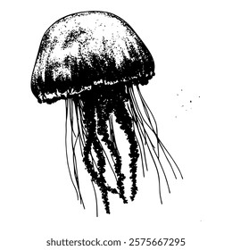 detailed black and white vector illustration of a jellyfish, featuring intricate tentacles and a textured dome, ideal for marine themes, educational materials, or artistic projects.