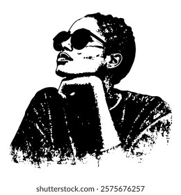 detailed black and white vector illustration of a woman in sunglasses resting her chin on her hand. perfect for lifestyle, modern art, and stylish designs