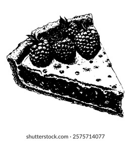 detailed black and white vector illustration of a slice of raspberry pie with a flaky crust and fresh raspberries on top, ideal for food designs, menus, and culinary branding.