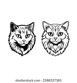 Detailed black and white vector illustration of two long-haired cats with intricate fur patterns. Ideal for pet logos, tattoos, design projects, and feline-themed artwork