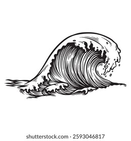 A detailed black and white vector illustration of the famous wave, vintage-style artwork features intricate line work, making it perfect for posters, t-shirts, tattoos, and other creative designs.