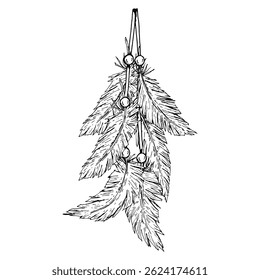 Detalhada ilustração vetorial preto e branco de penas suspensas com contas, mão desenhada em tinta. Elemento de estilo boho étnico para caçadores de sonhos, tatuagens, artesanato, arte de parede ou decoração esotérica.