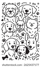 A detailed black and white vector illustration of a dog sitting calmly on a pure white background, perfect for minimalist design.

