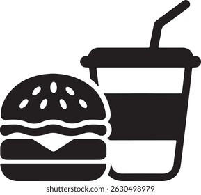 Uma ilustração vetorial detalhada em preto e branco apresenta um hambúrguer clássico com queijo derretido e uma refrescante bebida de refrigerante completa com uma palha.