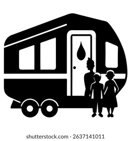 A detailed black and white vector illustration showcases a camping family enjoying a vacation adventure. 