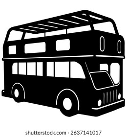 A detailed black and white vector illustration depicts a classic vintage double-decker bus, reminiscent of London's iconic transportation.