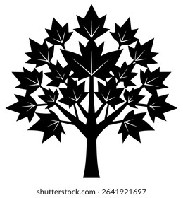 A detailed black and white vector illustration showcases a stylized maple tree in a flat design style. This vector file features intricate leaves, branches, and a clean, silhouette rendering.