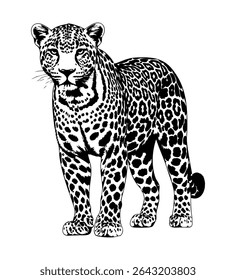 Detailed black and white vector illustration of a standing leopard. Hand-drawn style perfect for tattoos, wildlife posters, t-shirt prints, and animal-themed graphic design