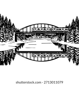 Ilustración vectorial detallada en blanco y negro de un puente de madera sobre el agua con reflejo forestal: obras de arte paisajísticas vintage