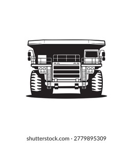 Detailed black and white vector illustration of a massive mining haul truck featuring rugged tires and heavy industrial machinery designed for large scale construction site work.