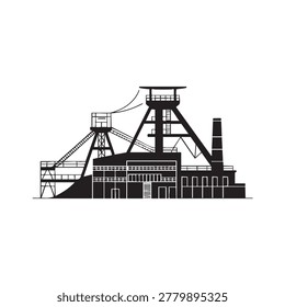 A detailed black and white vector illustration of a coal mine headframe structure designed with flat artistic style for industrial energy and mining sector concepts.