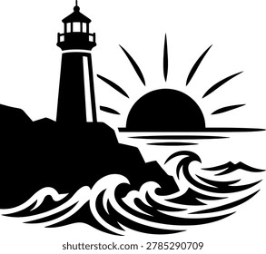 Detailed black and white vector illustration of a lighthouse on a rocky cliff overlooking crashing ocean waves