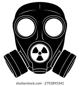 Detailed black and white vector illustration of a vintage gas mask featuring a prominent nuclear radiation symbol on white background