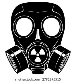 Detailed black and white vector illustration of a vintage gas mask featuring a prominent nuclear radiation symbol on white background