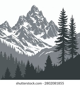 Detailed black and white vector illustration featuring majestic sharp mountain peaks surrounded by a dense evergreen pine forest landscape scene
