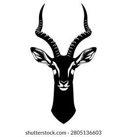 Detailed black and white vector illustration featuring the majestic head of an impala with long curved horns and symmetrical ears