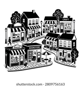 A detailed black and white vector illustration depicting a cozy town street lined with various shops like a bakery and bookstore with people walking by