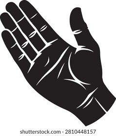 Detailed black and white vector illustration of an open human hand palm gesture design concept