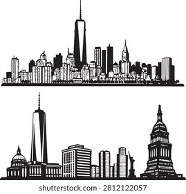 Detailed black and white vector illustration showing silhouettes of major metropolitan city skylines and buildings