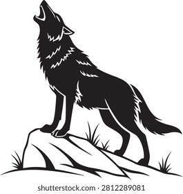 Detailed black and white vector illustration of a majestic wolf howling on a rocky outcrop