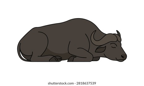 Detailed black and white vector illustration of a tranquil bison at rest, ideal for wildlife and nature-themed projects.
