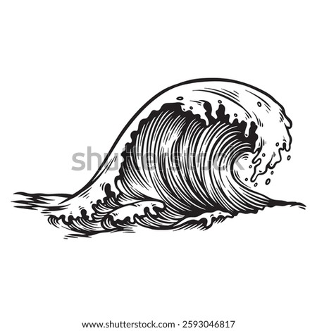 A detailed black and white vector illustration of the famous wave, vintage-style artwork features intricate line work, making it perfect for posters, t-shirts, tattoos, and other creative designs.