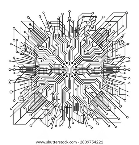 A detailed black and white vector illustration of a complex computer microchip circuit board schematic arranged in a symmetrical radial pattern