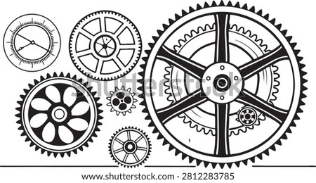 Detailed black and white vector illustration featuring various mechanical gears and complex clockwork machinery parts