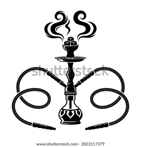 Detailed black and white vector illustration of a hookah pipe with two hoses and rising smoke. Perfect for shisha bar logos, arabic culture, smoking concepts, and leisure activities.