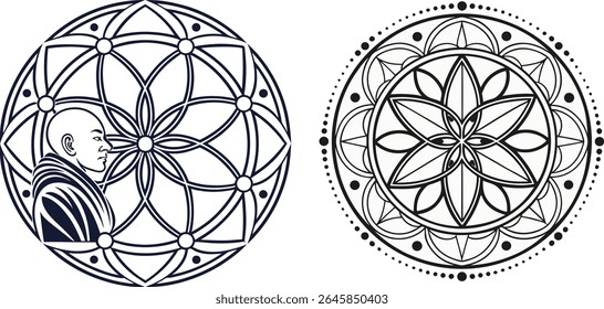 Detailed black and white vector illustrations depicting mandala art and buddhist monk imagery.