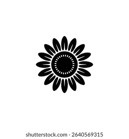 Detailed black and white vector image of a stylized sunflower with pointed petals surrounding a circular center dotted with evenly spaced dashed lines on white backdrop.