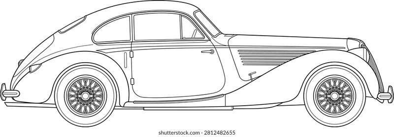 A detailed black and white vector line art graphic depicting the side profile of an antique vintage coupe car. This clean outline vector template is ideal for coloring books, retro automotive branding, and history-themed graphic designs.